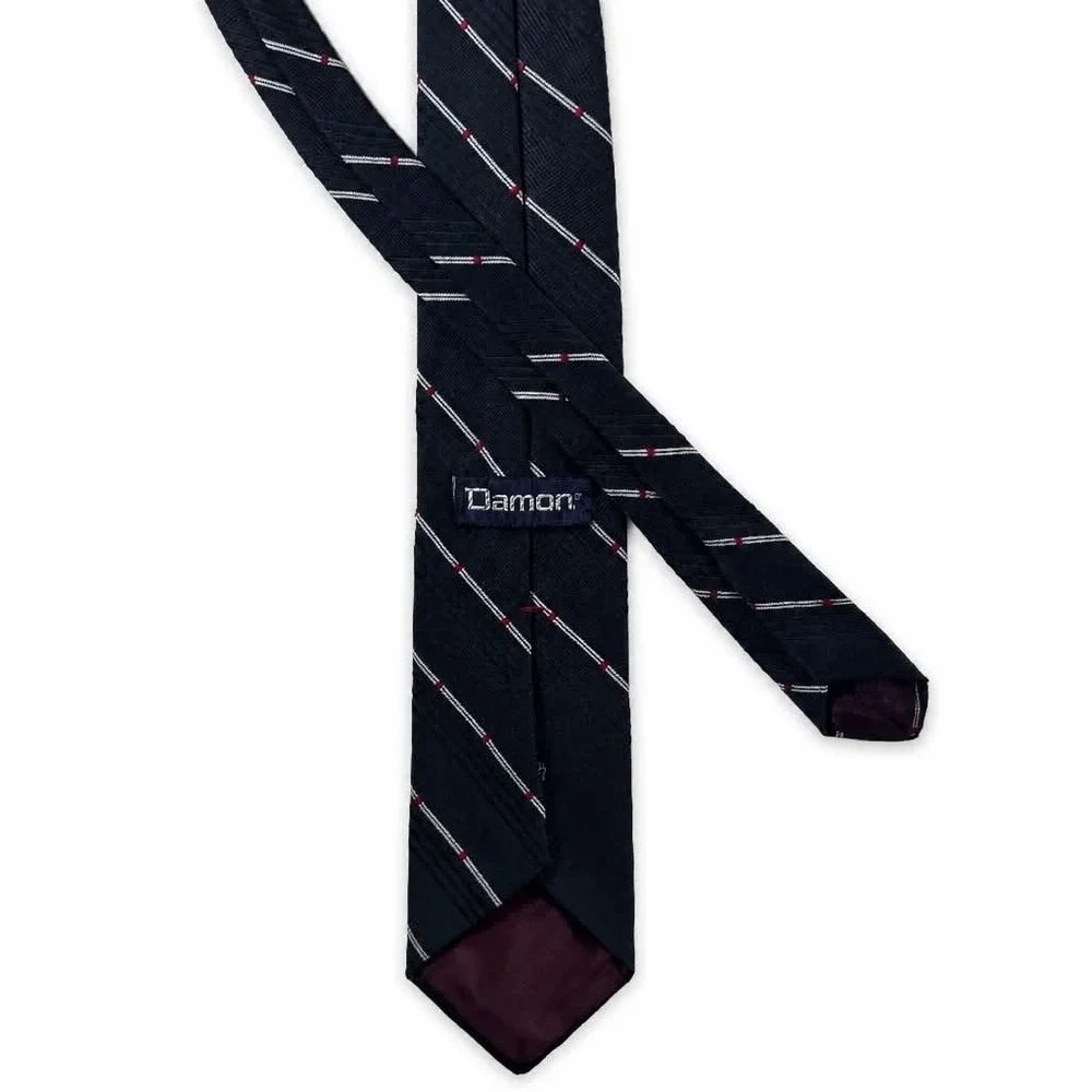 Vintage Damon Mens Tie Navy Blue White Red Striped Signature Monogram Polyester